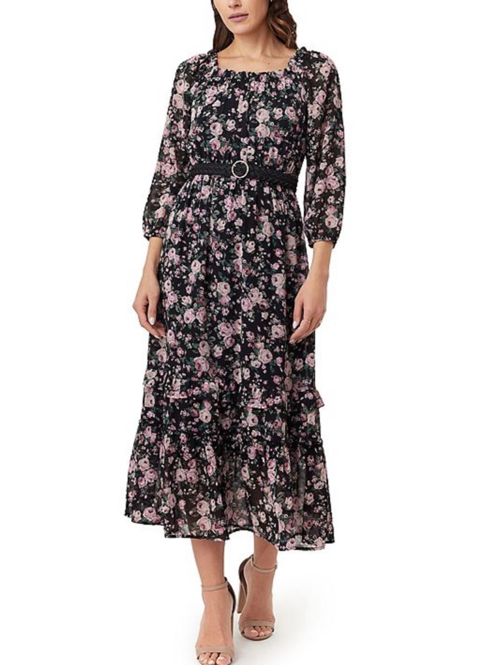 Wallflower Black Midi Dress with Pink Floral Print